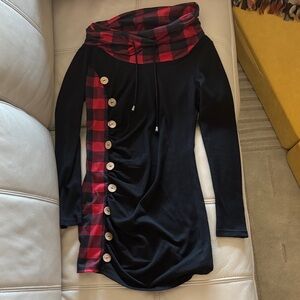 Alia Black Long Sleeve Dress with Red Plaid Accents